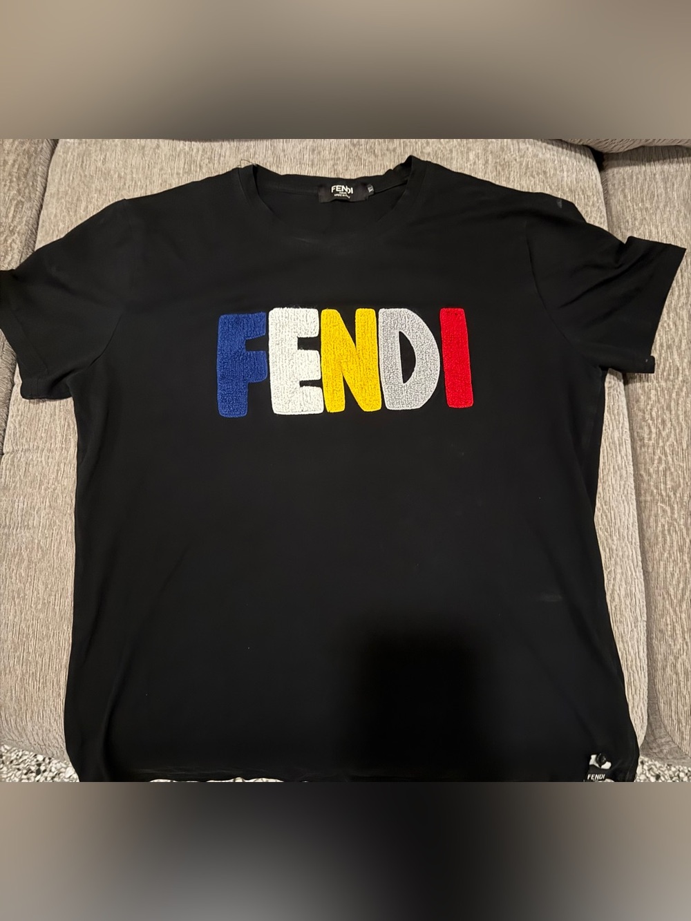 Fendi Black Short Sleeve Crewneck with Multicolor Chenille Logo